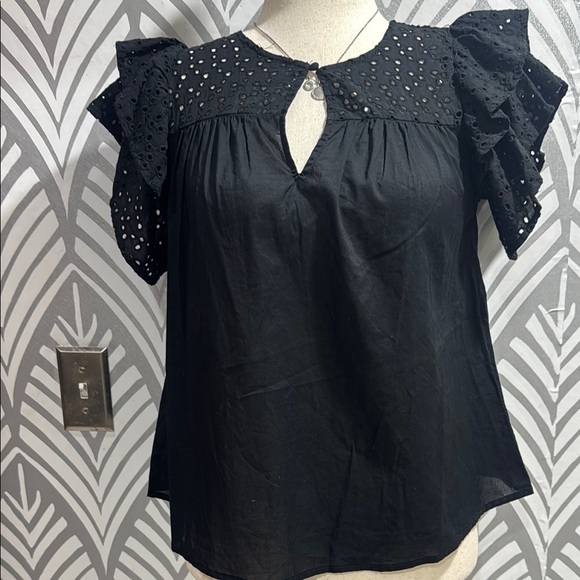 A New Day Black Flutter Sleeve Blouse with Ruffled Cut Out - Picture 1 of 7